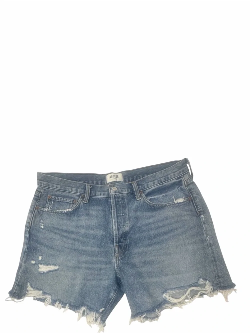 Agolde Parker Long Jean Shorts Size 32 In Heatwave Wash Cut Off Raw Frayed Hem - Picture 6 of 6